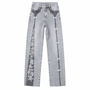 Patchwork Pearl-Frog Closure Embroidered Jeans