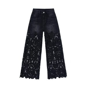 Floral-Embroidered Cut-Out Wide-Leg Jeans