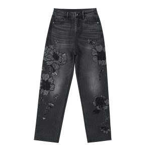 Sequined & Beaded Floral Embroidery Tapered Ankle Jeans