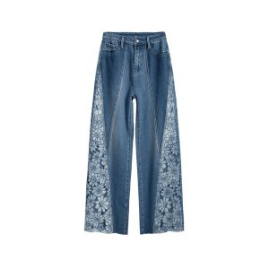 Floral Embroidered Cut-Out Baggy Jeans