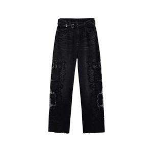 High-Waisted Pearl-Beaded Cut-Out Jeans