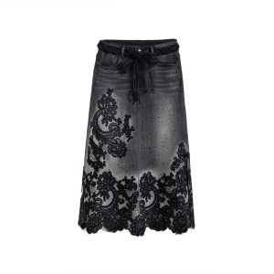 Embroidered & Crystal-Transferred Denim Skirt