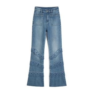 Pearl-Embellished Embroidered Patchwork Cut-Out Jeans