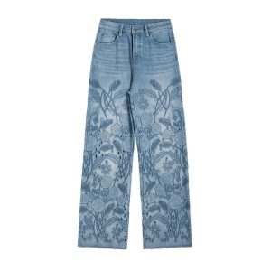 Wide-Leg Rose-Embroidered Cut-Outs Jeans