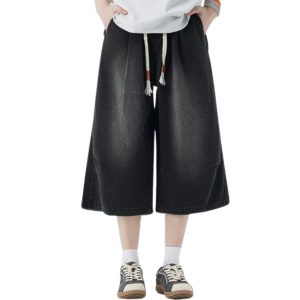 Drawstring Waist Washed Cropped Denim Pants
