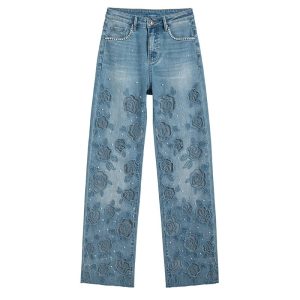 Rose Embroidered Lace-Cut Jeans with Pearl Beading