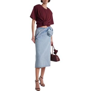 Floral Appliqué Denim Midi Skirt