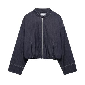Indigo Zip Up Gathered Denim Jacket