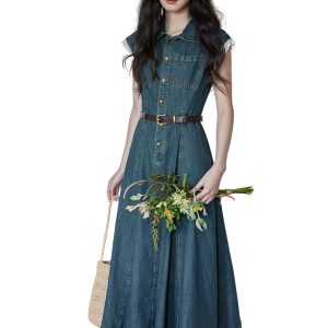 Cap Sleeve Belted Midi Denim Dress