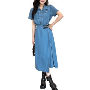 Cropped-sleeve denim button-front mini dress