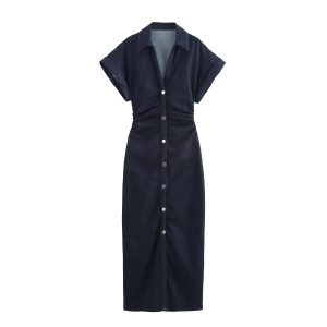Short-sleeve denim shirt dress - relaxed midi + button-up style
