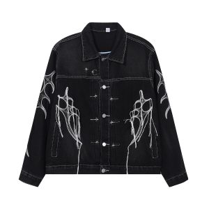 Abstract White Embroidery Denim Jacket