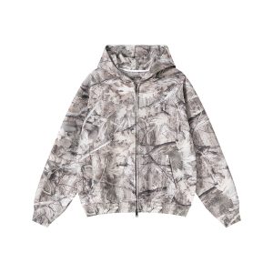Double-Slider Zipper Branch Camouflage Fleece Hoodie